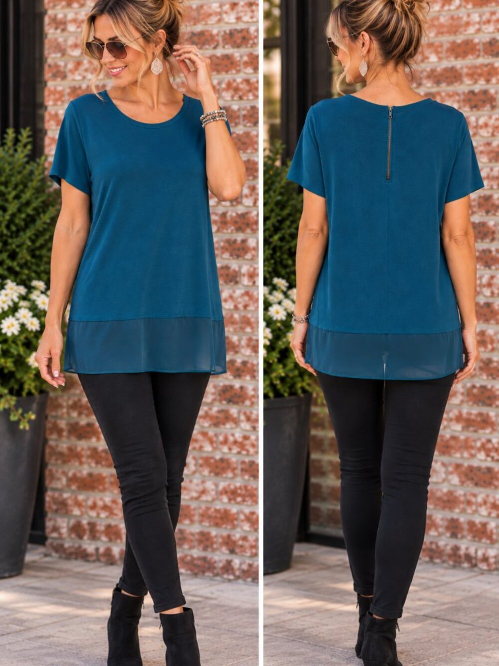 Attention L Teal Layered Chiffon Hem Back Zip Tunic Blouse